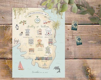 Charleston Custom watercolor Wedding Map