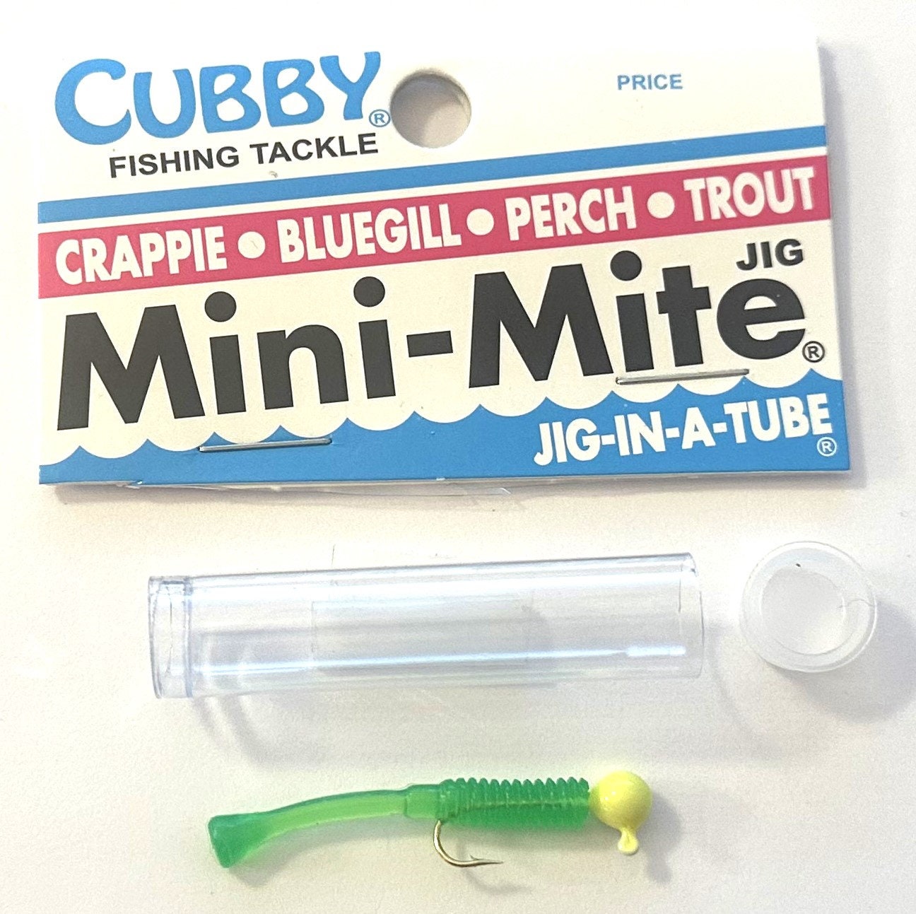 Hand Made Jig-in-a-tube, Cubby Fishing Tackle, Mini-mite Jig, Yellow/green,  1/32, Made USA 