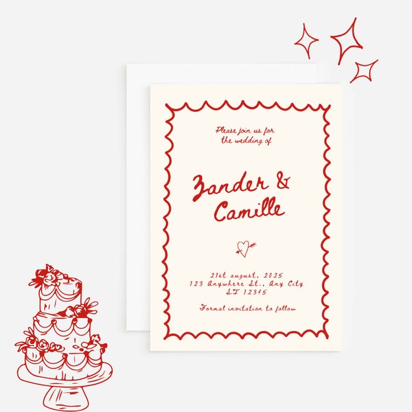 Save the Date Template | Hand Drawn Doodle Illustrations Save Our Date Card Editable Download, Modern & Minimal, white and red