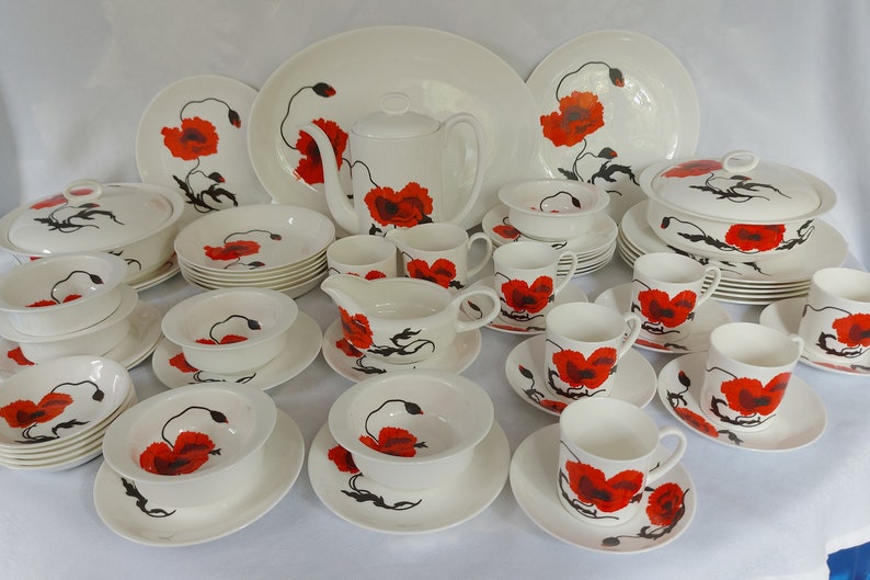 SUSIE COOPER Corn Poppy Dinner and Tea Set Wedgwood 61 pieces CORNPOPPY image 1