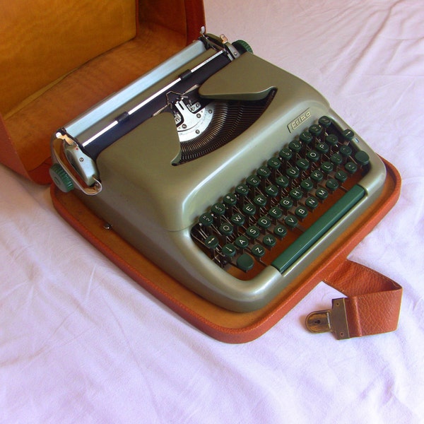 Glossy Erika Portable Typewriter Olive Green Qwerty Keyboard Working Typewriter New Ribbon 1950's 50's Heavy Comfortable Functional