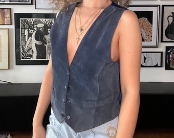 1990s Blue Suede Vest, Suede Top, Leather Vest