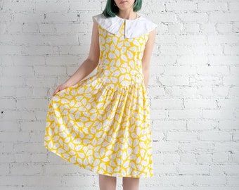 Vintage Yellow and White Leaf Print Dress