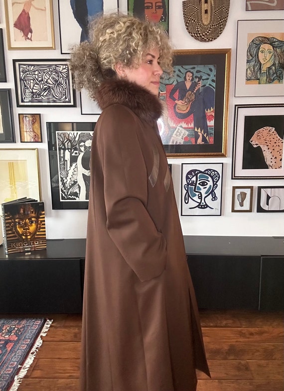 1990s Brown Wool Coat with Fur Collar and Leather… - image 3