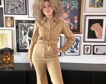 1970s Co-ord 2 Piece Camel Flared Pants and Matching Top, Matching Set, Bellbottoms, Size S M