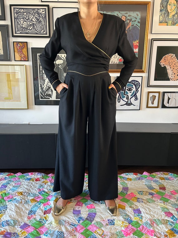 1980s 1990s Black Wide Leg Jumpsuit with Gold Pip… - image 7