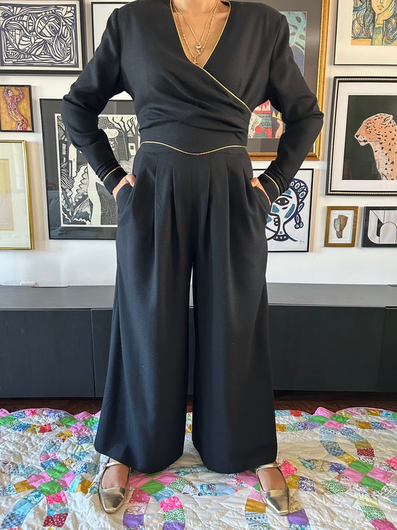 1980s 1990s Black Wide Leg Jumpsuit with Gold Pip… - image 4