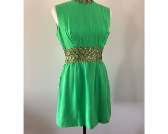 1960's/1970's Lime Green Party Dress, Holiday Dress, Mockneck Dress
