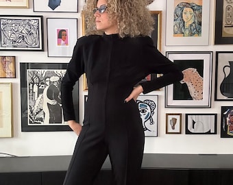 1980s Black Stirrup Jumpsuit with Wide Shoulders, Evening Jumpsuit, Winter Jumpsuit, Dressy Jumpsuit, Catsuit