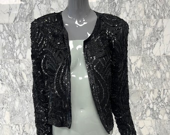 1980s 1990s Black Silk Beaded Evening Jacket, Blazer, One of a Kind, OOAK, Cropper Jacket