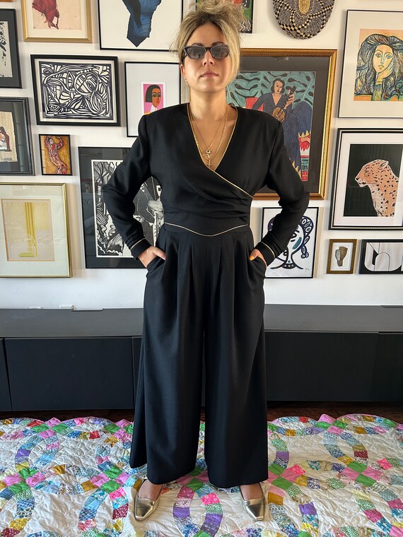 1980s 1990s Black Wide Leg Jumpsuit with Gold Pip… - image 2