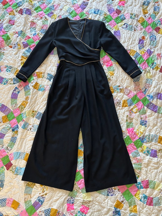 1980s 1990s Black Wide Leg Jumpsuit with Gold Pip… - image 5