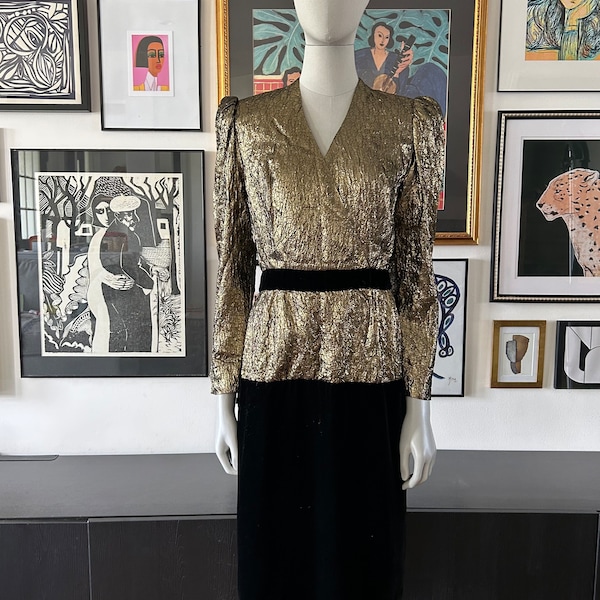 1980s Halston Metallic and Velvet Evening Dress, Gold Dress