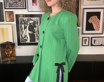 1980s 1990s Green Pinstripe Blazer with Side Slits and Bows, Longline Blazer, Size 8