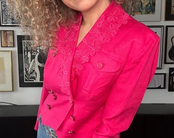 1980s 1990s Linen Blazer with Floral Cut Out Collar, Cropped Pink Blazer, Double Breasted Blazer