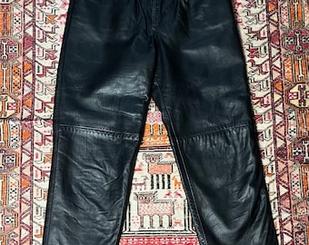 1980s 1990s Palazzi Genuine Black Leather Pants, Leather Trousers, Gender Neutral Pants