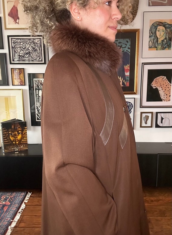 1990s Brown Wool Coat with Fur Collar and Leather… - image 6