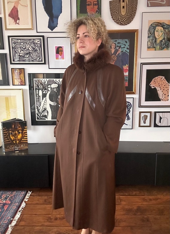 1990s Brown Wool Coat with Fur Collar and Leather… - image 1