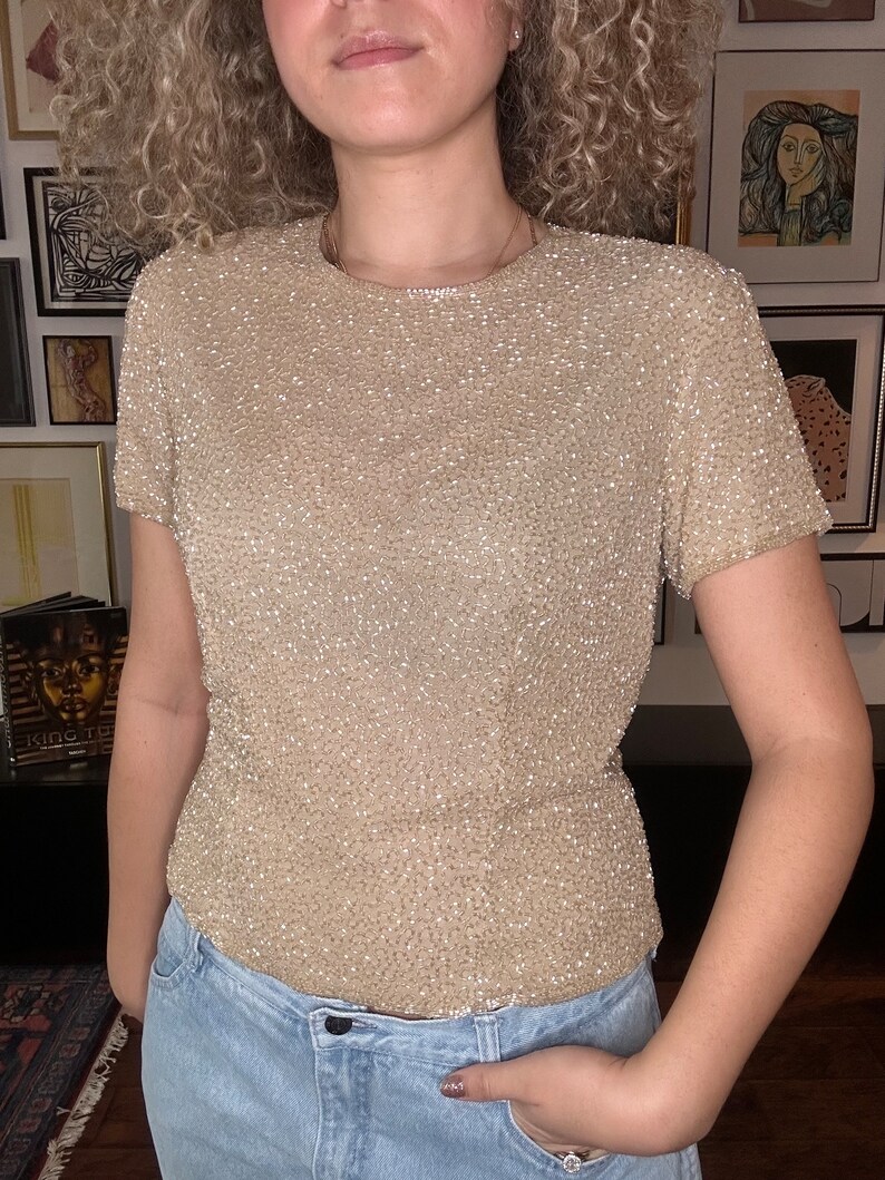 Vintage Holt Renfrew Collection Beaded Top, Beaded Shirt, Evening wear, Size S image 1