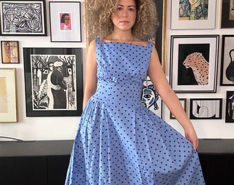 1950s OOAK Drop Waist Heart Print Day Dress, Cotton Dress, Summer Dress, Bow Dress