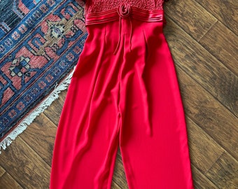 1990s Red Wide Leg Jumpsuit with Textured Bodice and 3D Flower Detail