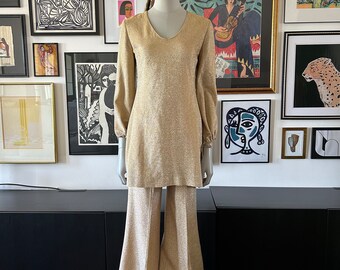 1960s 1970s Gold Metallic 2 Piece Dress And Bell Bottoms Pants Set, Coord Set, Matching Set, Disco Set