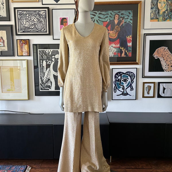 1960s 1970s Gold Metallic 2 Piece Dress And Bell Bottoms Pants Set, Coord Set, Matching Set, Disco Set