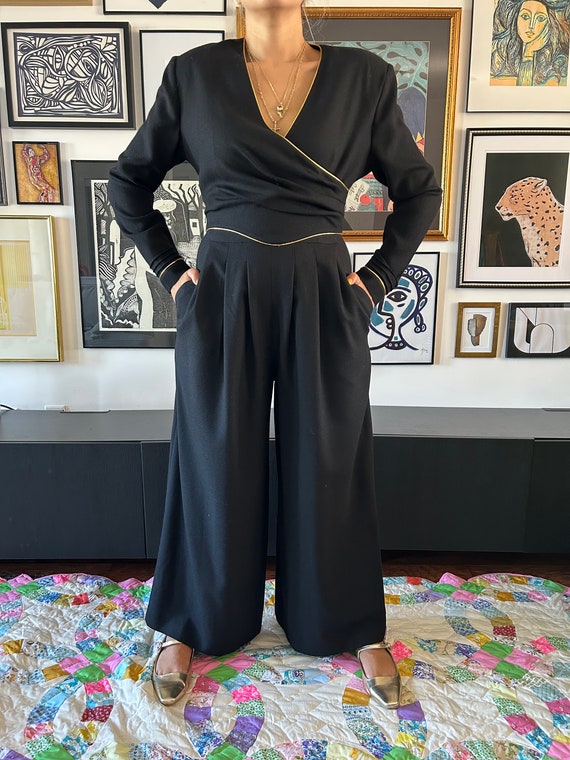 1980s 1990s Black Wide Leg Jumpsuit with Gold Pip… - image 3