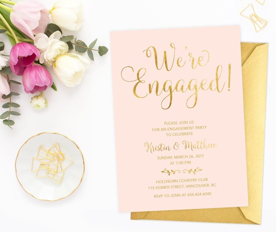 Blush Pink and Gold String Light Engagement Invite