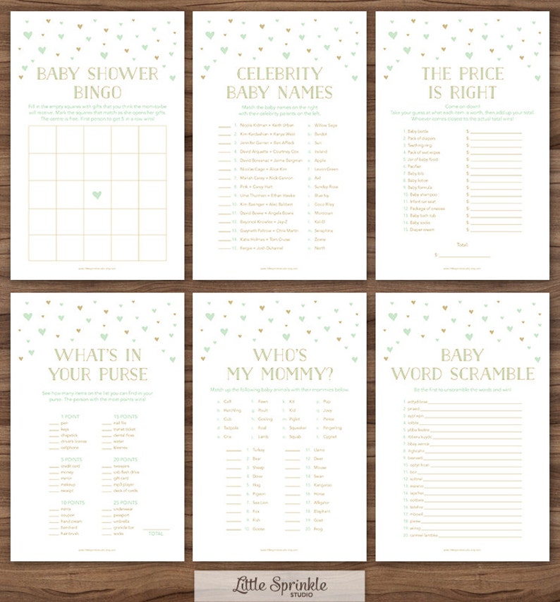 Mint Gold Hearts Baby Shower Games Set Baby Shower Six Games Etsy