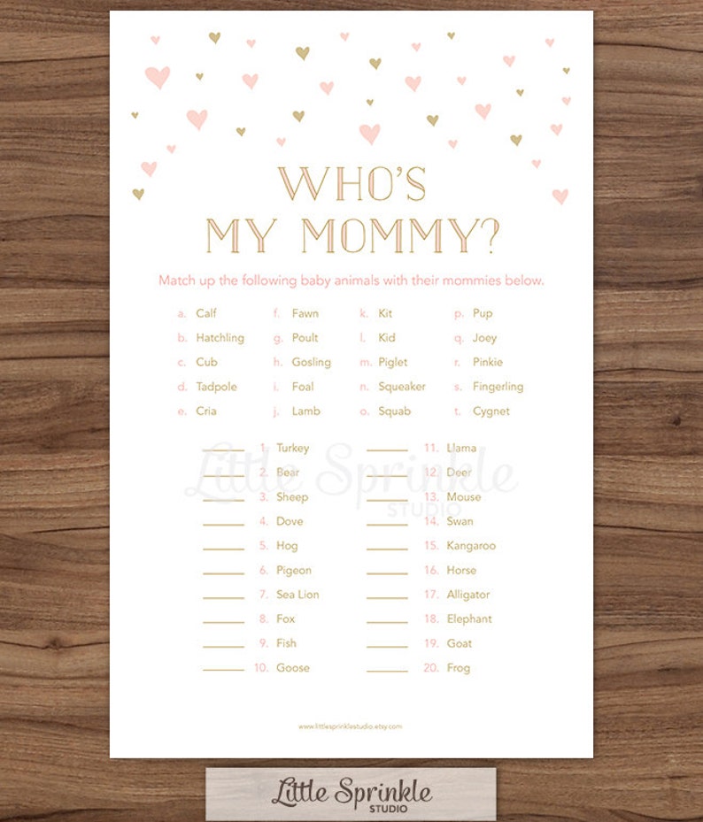 Girl Baby Shower Game Who's My Mommy Pink Gold Hearts / Etsy