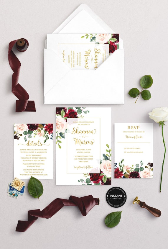 Marsala Wedding Invitation Set Printable Burgundy Wedding Invitation Suite Floral Wedding Invitation Template Marsala Wedding Kit LSS7
