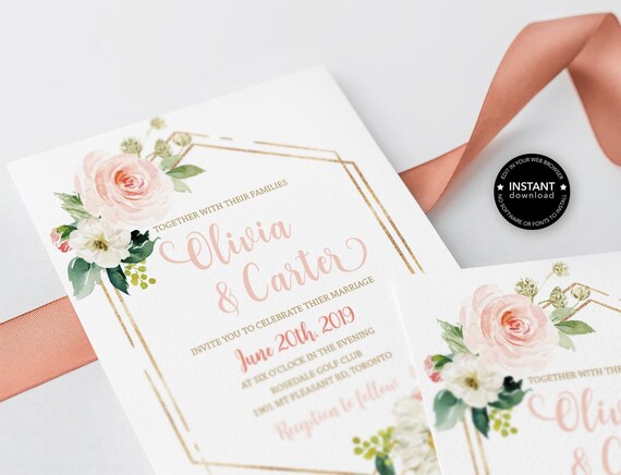 Blush Editable Wedding Invitation Template Floral Wedding Etsy