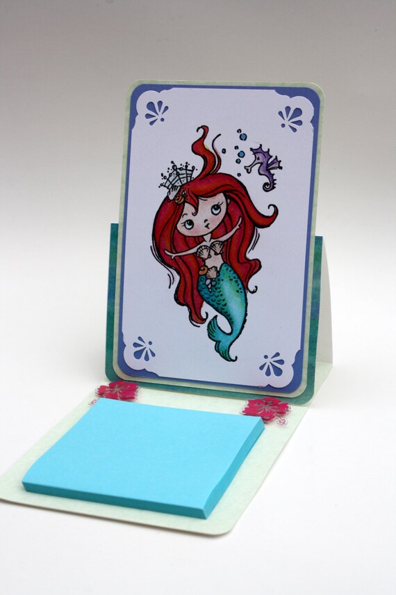 Cute hand colored mermaid easel greeting card with Hibiscus Etsy