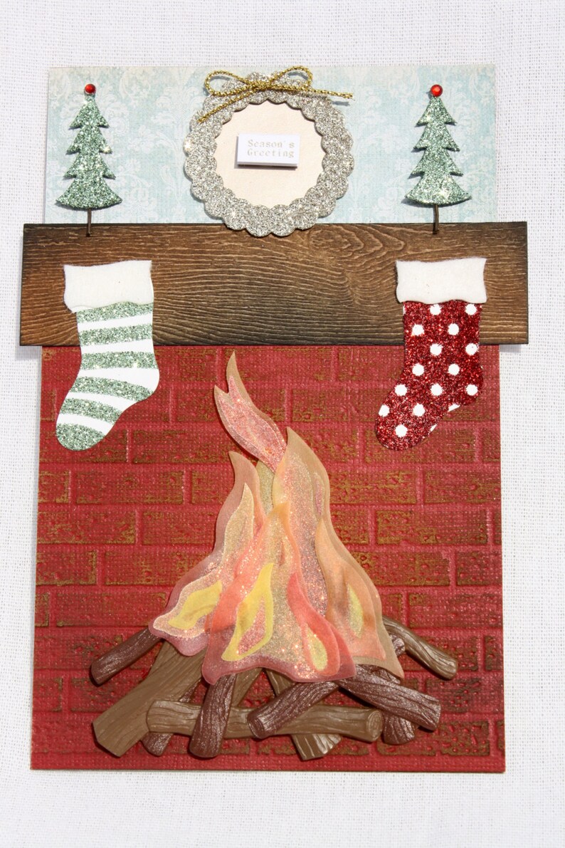 Lifelike fireplace Holiday Christmas card. | Etsy