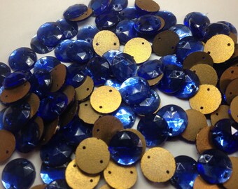 9mm Vintage jewelry making Czech glass faceted saphire blue round gold foiled flat back - rhinestones