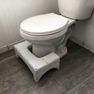 May include: White toilet with a white wooden step stool in a bathroom with gray tile flooring.