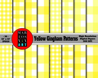 Bright Yellow Gingham Patterns, Gingham Digital Paper, Bright Yellows, Seamless Gingham Digital Papers, Instant Download MIA-0292