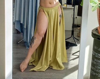 Gold circle skirt with high slits for belly dance costume, tribal fusion shows