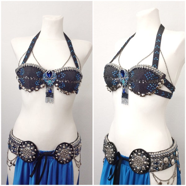 Blue and silver belly dance costume, aqua blue tribal belly dance bra and belt