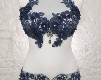Blue silver tribal fusion costume, fusion belly dance costume, lace halter top - custom order