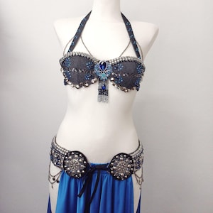 Costume de danse du ventre bleu et argent, soutien-gorge et ceinture de danse du ventre tribal bleu aqua