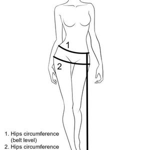 May include: A black and white line drawing of a human figure showing measurement points. Label 1 indicates hips circumference at belt level, label 2 indicates hips circumference at the widest point, and label 3 shows length from belt line to floor.