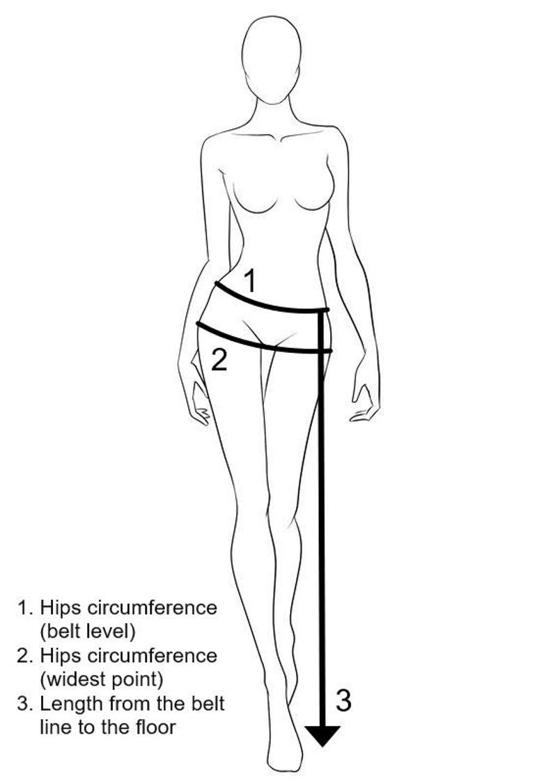 May include: A black and white line drawing of a human figure showing measurement points. Label 1 indicates hips circumference at belt level, label 2 indicates hips circumference at the widest point, and label 3 shows length from belt line to floor.