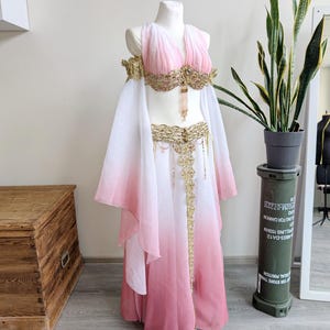 May include: A two-piece costume featuring a light pink and white ombre chiffon top and skirt. The top has off-the-shoulder sleeves and gold beaded embellishments. The skirt includes a matching gold beaded waistband and a vertical gold beaded panel.