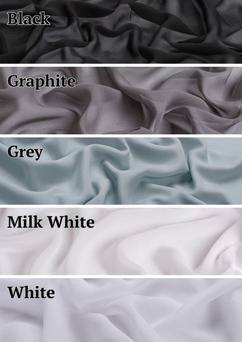 May include: A vertical collage of five fabric swatches in varying colors, each labeled with text. The colors include black, graphite, grey, milk white, and white. Each section displays a soft, draped textile with a smooth, semi-sheer appearance.