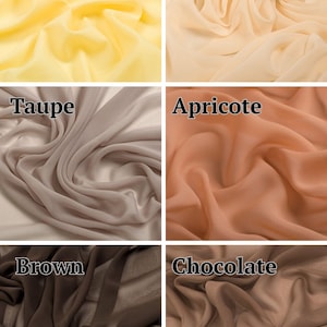 May include: A grid of six fabric swatches in various colors, each labeled with text. The colors include custard yellow, beige, taupe, apricot, brown, and chocolate. Each section displays a soft, draped, semi-sheer textile with visible folds.