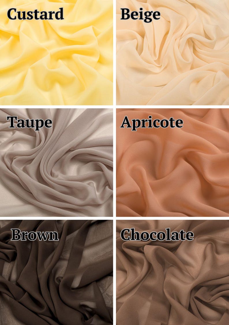 May include: A grid of six fabric swatches in various colors, each labeled with text. The colors include custard yellow, beige, taupe, apricot, brown, and chocolate. Each section displays a soft, draped, semi-sheer textile with visible folds.
