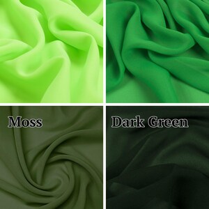 May include: A four-panel grid displaying swatches of sheer fabric in various shades of green. The top left is labeled Neon Green, the top right is Green, the bottom left is labeled Moss, and the bottom right is labeled Dark Green.