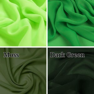 May include: A four-panel grid displaying swatches of sheer fabric in various shades of green. The top left is labelled Neon Green, the top right is Green, the bottom left is labelled Moss, and the bottom right is labelled Dark Green.